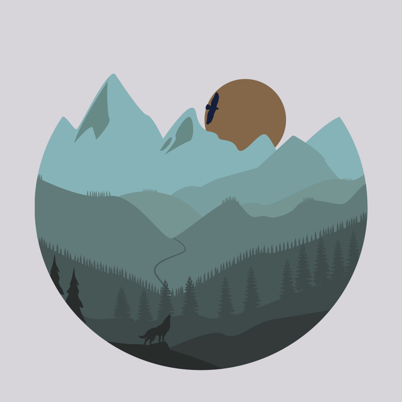 Illustration : montagnes, forêt, soleil, aigle et loup